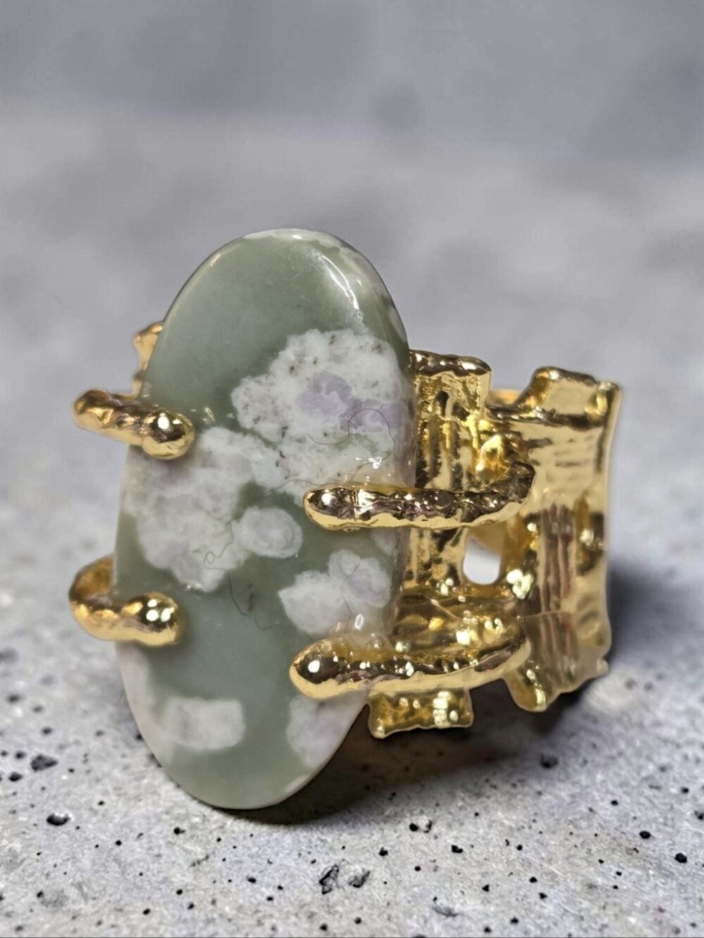 Incredible 18k Gold Plated Chunky Artisan Flower Agate Natural Stone Ring